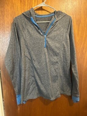 Reebok Women's Heather Gray Quarter-Zip Hoodie with Blue Trim